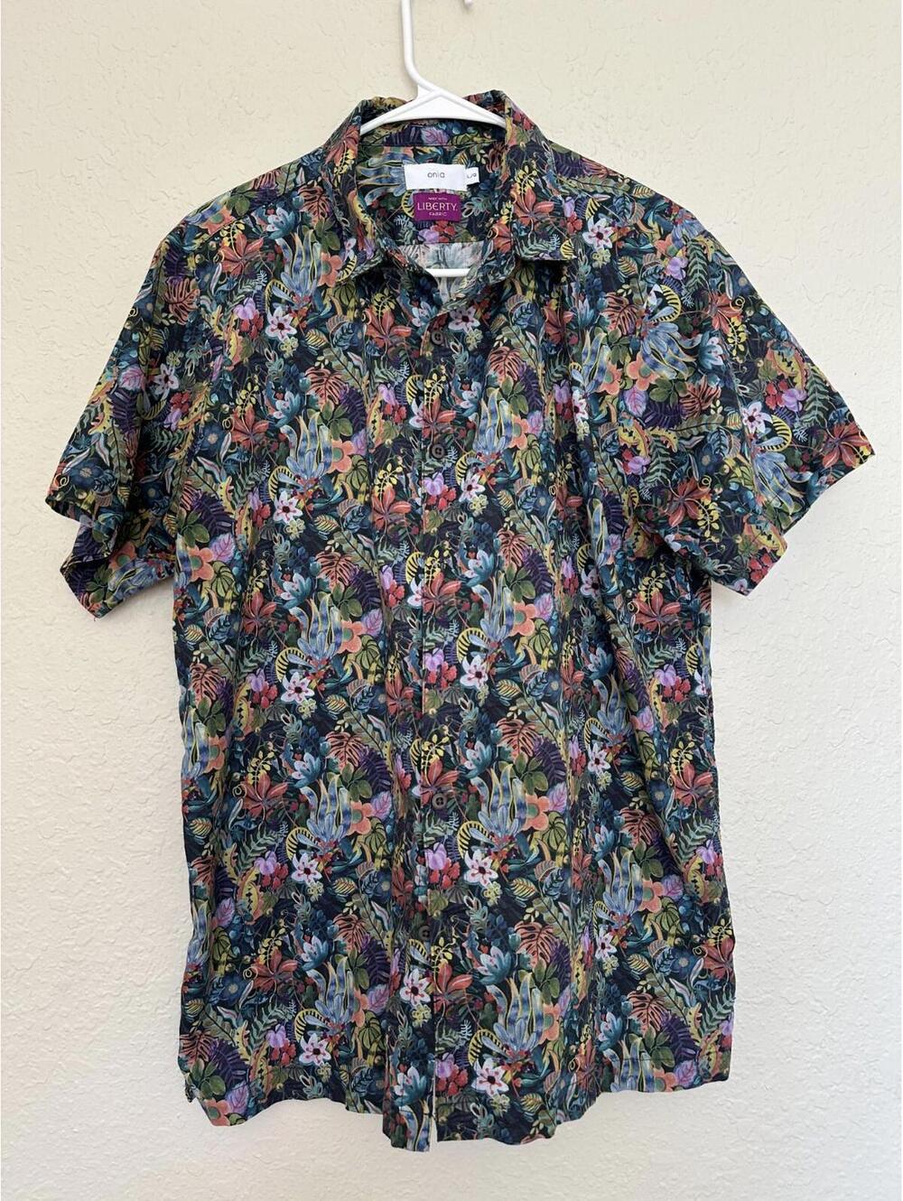 Onia X Liberty Fabric Shirt Mens Large Blue Floral Hawaiian Aloha Short Sleeve
